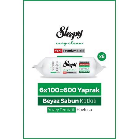 Sleepy Easy Clean Premium Beyaz Sabun Katkılı Yüzey Temizlik Havlusu Mendili 6x100 (600 Yaprak)